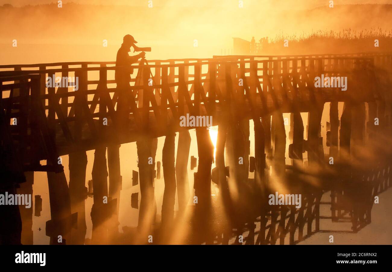 Bad Buchau, Deutschland. Juli 2020. Kurz nach Sonnenaufgang stehen die Menschen im Morgennebel, gelb von der Sonne gefärbt, auf dem 1.5 Kilometer langen Federsee-Steg am Federsee, fotografieren und Filmen. Der Federsee bei Bad Buchau in Oberschwaben (Kreis Biberach) ist mit einer Fläche von 1.4 Quadratkilometern der zweitgrößte See Baden-Württembergs. Quelle: Thomas Warnack/dpa/Alamy Live News Stockfoto