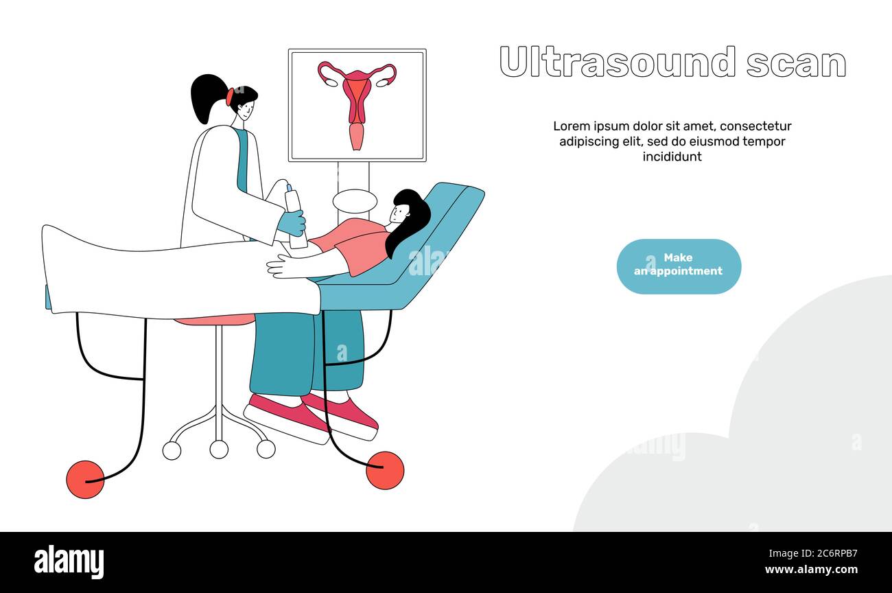Medizinische Tests Ultraschall moderne flache Vektor-Konzept digitale Illustration von Ultraschall Verfahren -Arzt Untersuchung Patient schwangere Frau Scanner, Stock Vektor