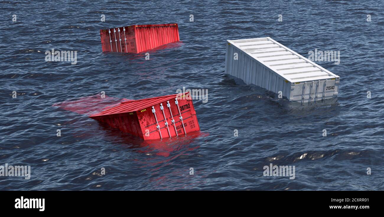 Schiffahrtscontainer auf See verloren - 3D Rendering Stockfoto