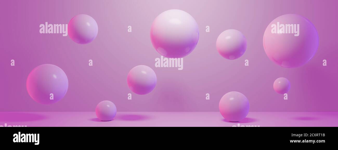 3D-Rendering von verschiedenen Größen rosa Kugeln auf rosa Oberfläche und Hintergrund. 3D-Rendermuster Konzept. Hochwertige 3d-Illustration Stockfoto