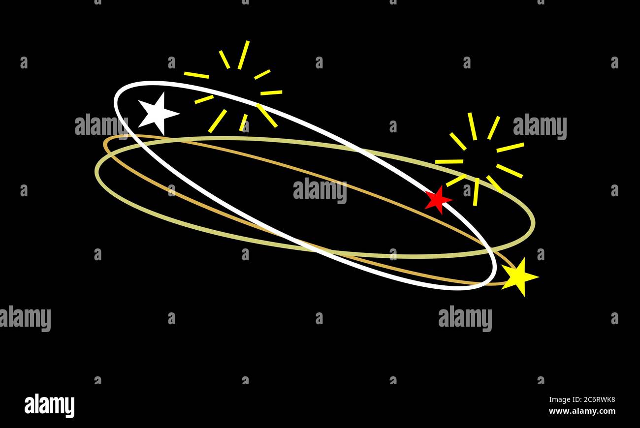 Schwindelerregender Ausdruck. Fliegende Sterne mit Orbit Spuren weiß, rot, gelbe Farbe auf schwarzem Hintergrund. Stockfoto