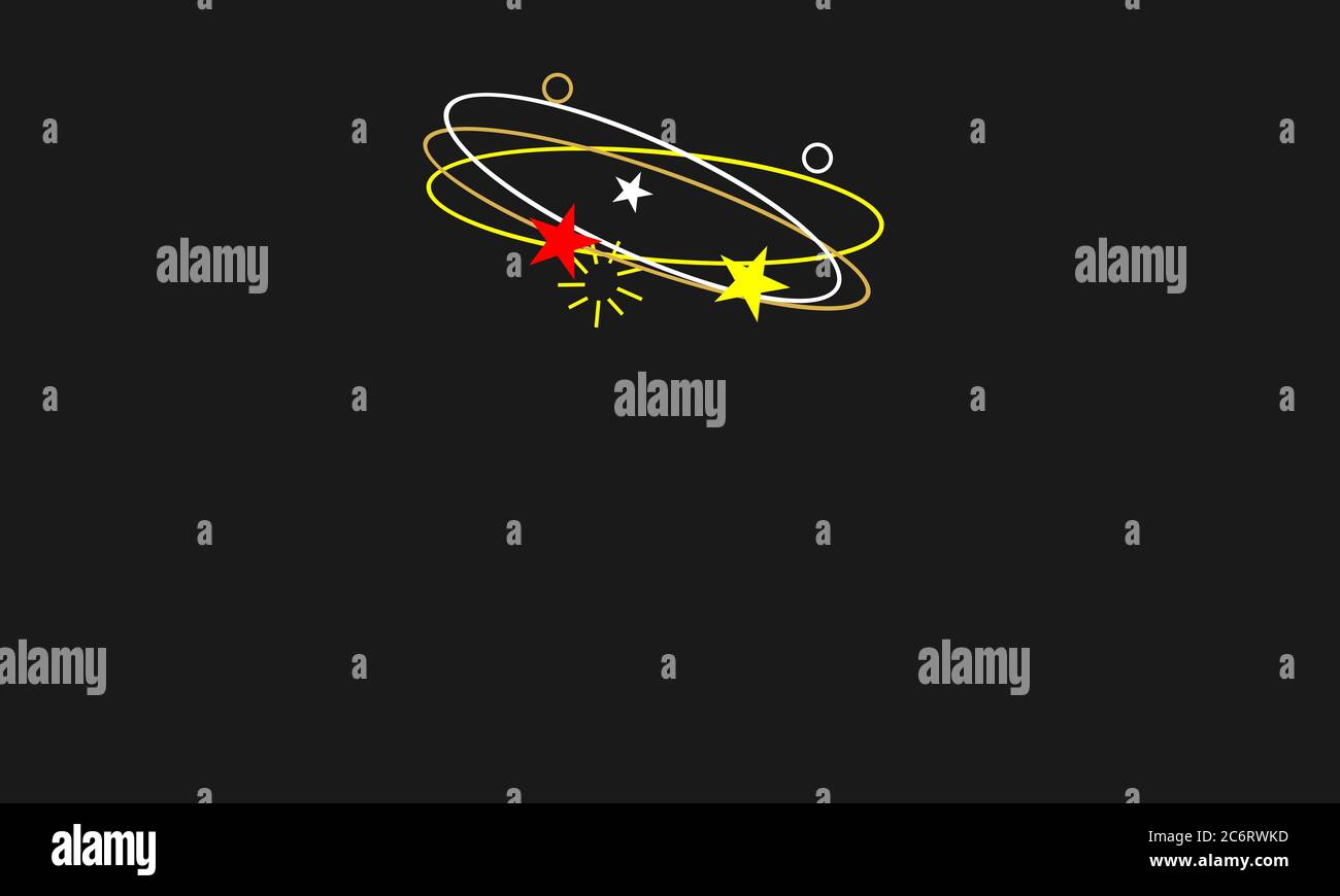 Schwindelerregender Ausdruck. Fliegende Sterne mit Orbit Spuren weiß, rot, gelbe Farbe auf schwarzem Hintergrund. Stockfoto