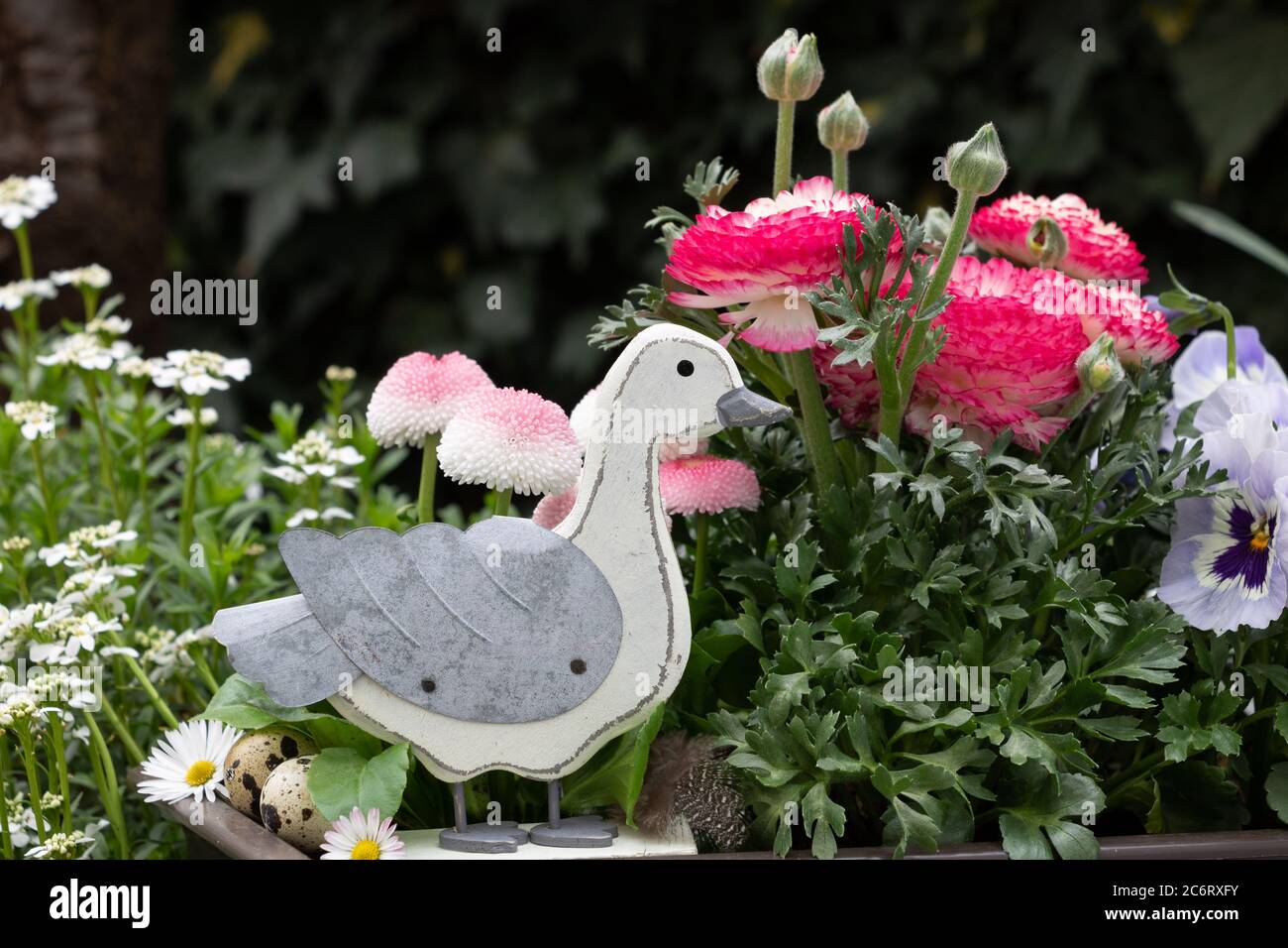 osterdekoration mit ostergans und rosa Ranunculus Stockfoto