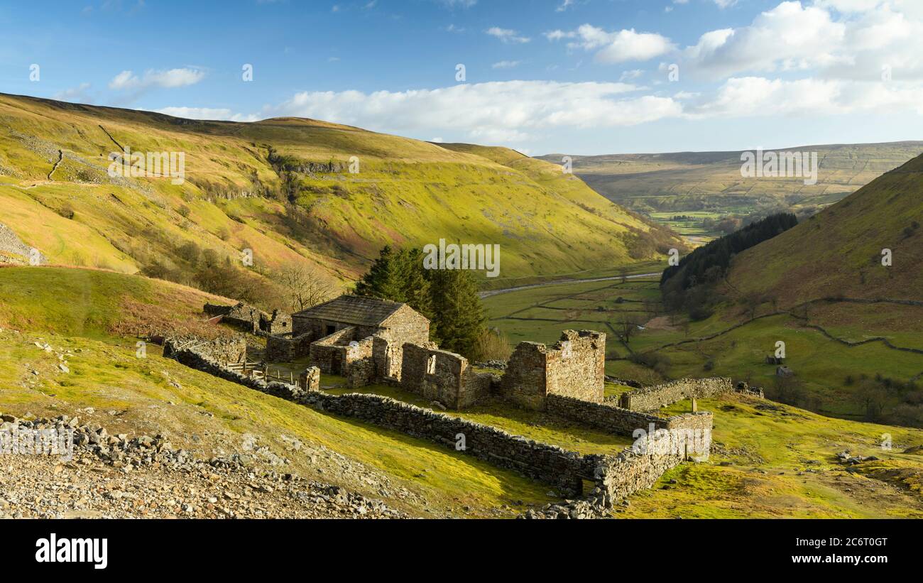 Crackpot Hall (alte Bauernhöfe) hoch auf abgelegenen sonnigen Hügel mit Blick auf die landschaftlich reizvolle Landschaft Yorkshire Dales Hills & Valley (Swaledale) - England, Großbritannien. Stockfoto