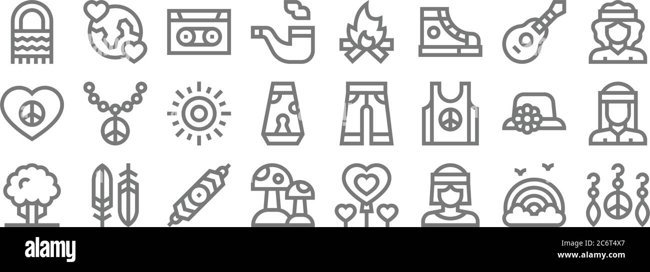 Hippies Linie Symbole Lineare Set Qualitat Vektor Linie Set Wie Ohrringe Hippie Pilz Baum Pamela Hut Sonne Hippie Lagerfeuer Erde Stock Vektorgrafik Alamy