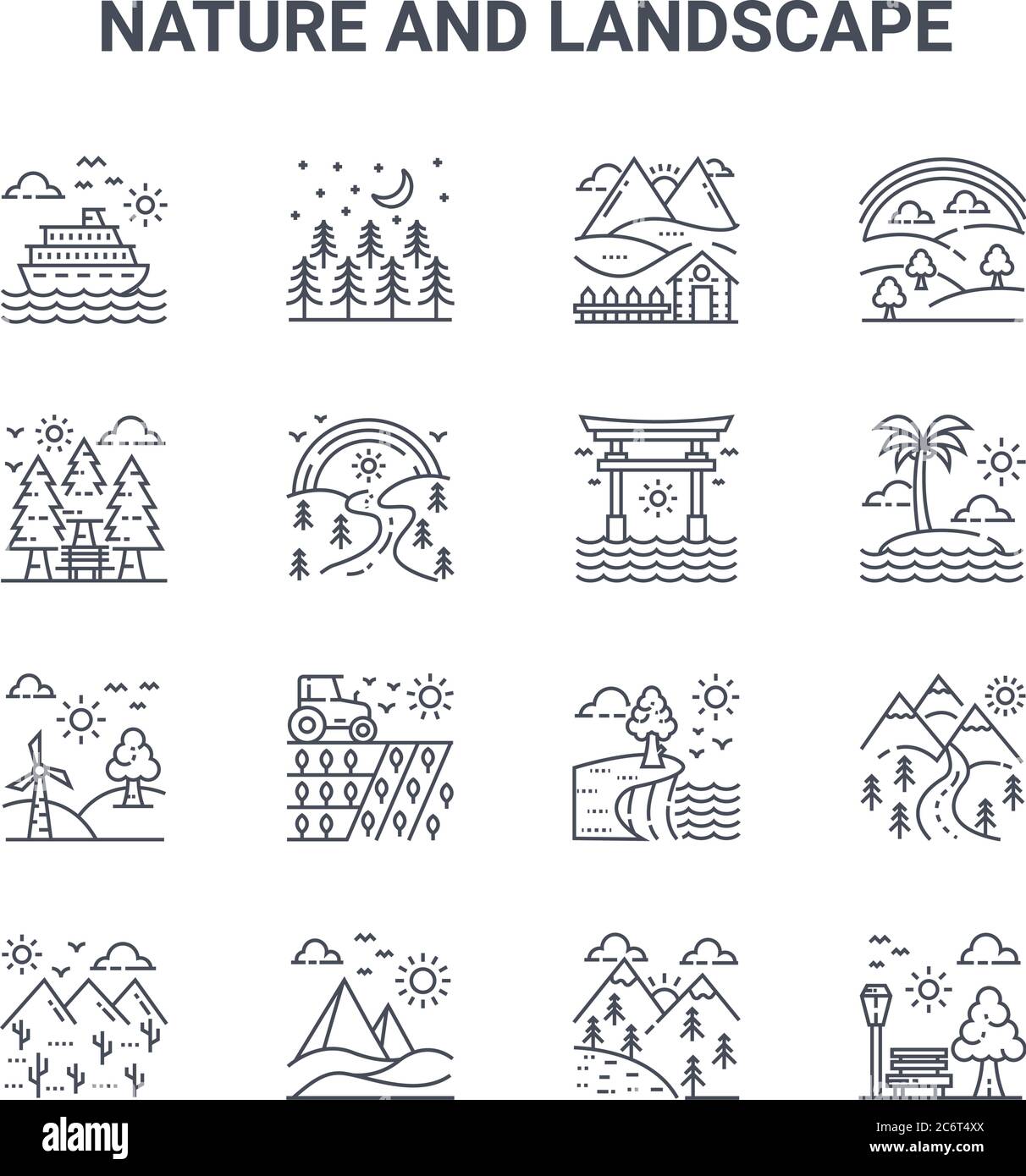 Set von 16 Natur- und Landschaftskonzept Vektorlinien-Symbole. 64x64 dünne Strichikonen wie Bäume, Garten, tropisch, Landschaft, Wüste, Park, Landschaft, Stock Vektor