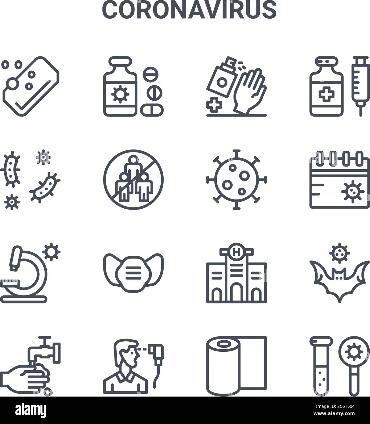 Satz von 16 Coronavirus-Konzept-Vektorlinien-Symbolen. 64x64 dünne Schlaganfall-Symbole wie Medizin, Krankheit, Kalender, Krankenhaus, Scan, Forschung, Gewebe, Korona Stock Vektor