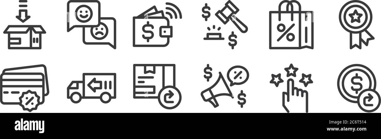 12 Satz von linearen E-Commerce-Symbole. Dünne Umrisssymbole wie Rückerstattung, Förderung, Lieferung LKW, Einkaufstasche, e-Wallet, Kunden-Feedback für Web, Mob Stock Vektor