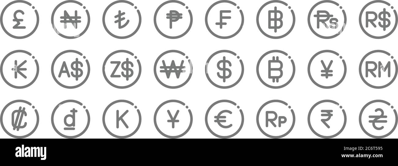 Währungslinien-Symbole. Linearer Satz. Qualität Vektor-Linie Satz wie Griwna, indonesische Rupiah, japanischer Yen, Doppelpunkt, chinesischer Yuan, Dollar, brasilianischer Real Stock Vektor