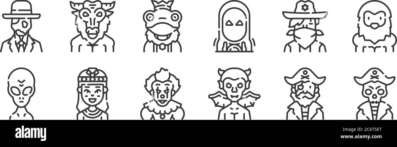 12 Satz von linearen fantastischen Zeichen Symbole. Dünne Umrisse Symbole wie Pirat, Teufel, cleopatra, Cowboy, Frosch Prinz, minotaur für Web, Handy Stock Vektor