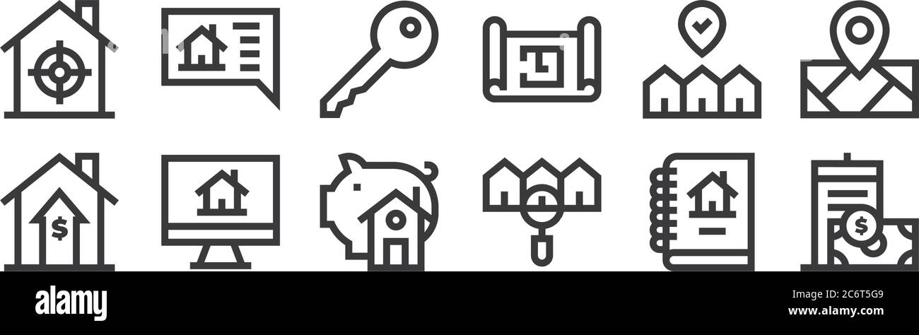 12 Satz von linearen Immobilien-Symbole. Dünne Umrisssymbole wie Wohnung, Haus, Suche, Ort, Schlüssel, Chat für Web, mobil Stock Vektor