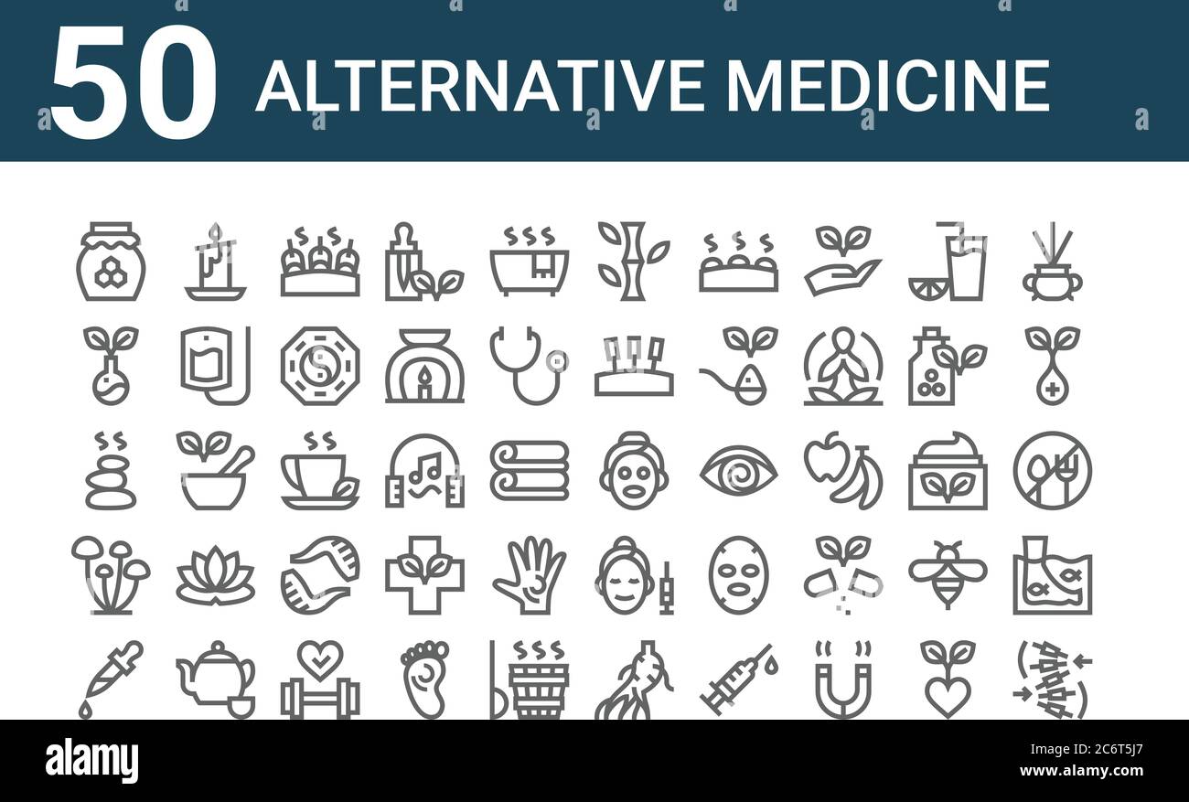Set von 50 Symbole für alternative Medizin. Skizzieren dünne Linie Symbole wie Massage, Pipette, Pilze, heiße Steine, Kräuter, Kerze, Hautpflege Stock Vektor
