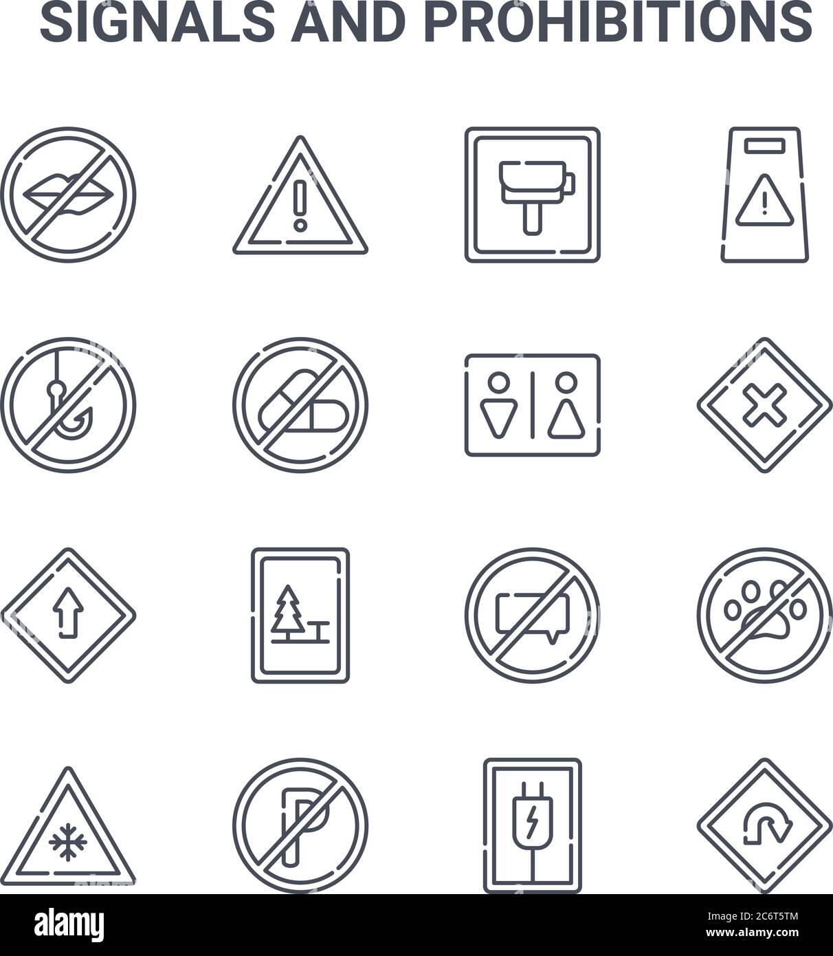 Satz von 16 Signalen und Verboten Konzept Vektorlinien-Symbole. 64x64 dünne Strichsymbole wie Warnung, kein Angeln, Warnung, kein Sprechen, kein Parken, tu Stock Vektor