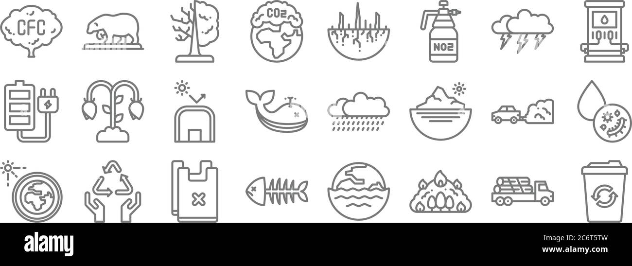 Klimawandel Linie Symbole. Lineare Satz. Qualität Vektor Linie Satz wie Papierkorb, Waldbrand, Fischgrät, Sonnensystem, Luftverschmutzung, Haus, Kraftstoff st Stock Vektor