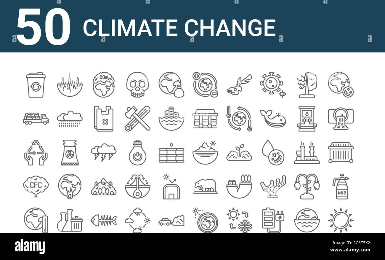 Set von 50 Symbole zum Klimawandel. Skizzieren dünne Linie Symbole wie Sonne, globale Erwärmung, Luftverschmutzung, Recycling, LKW, Dürre, Südpol, Erde, Thunde Stock Vektor