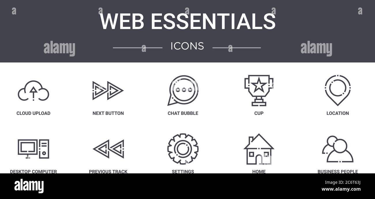Web Essentials Konzept Linie Symbole gesetzt. Enthält Symbole für Web, Logo, ui / ux wie nächste Taste, Tasse, Desktop-Computer, Einstellungen, zu Hause, Geschäft Stock Vektor