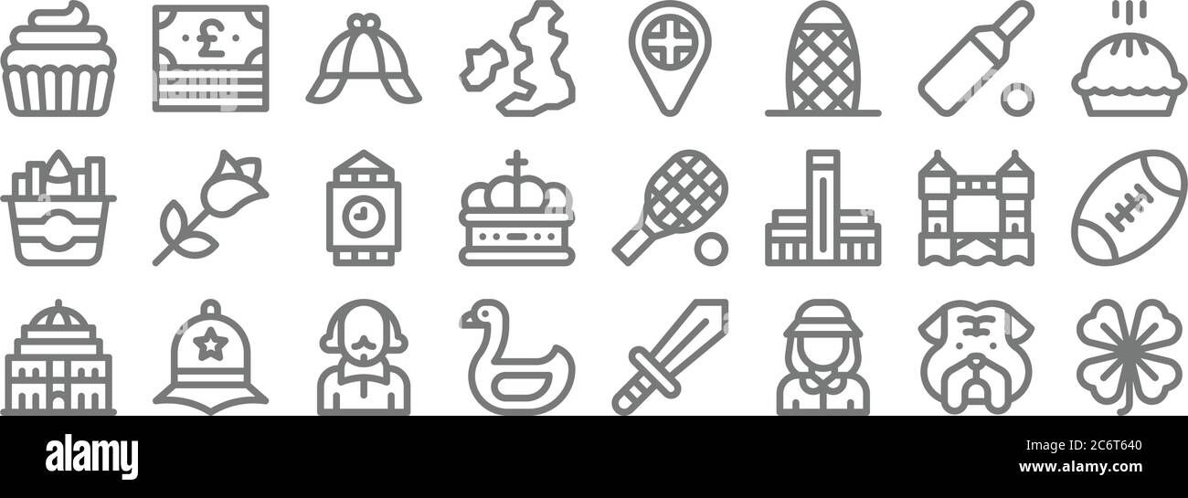 england Linie Symbole. Lineare Satz. Qualität Vektor-Linie Satz wie Klee, Dame, Schwan, Royal albert Hall, Tower Bridge, Big ben, Kuchen, uk-Flagge, Geld Stock Vektor