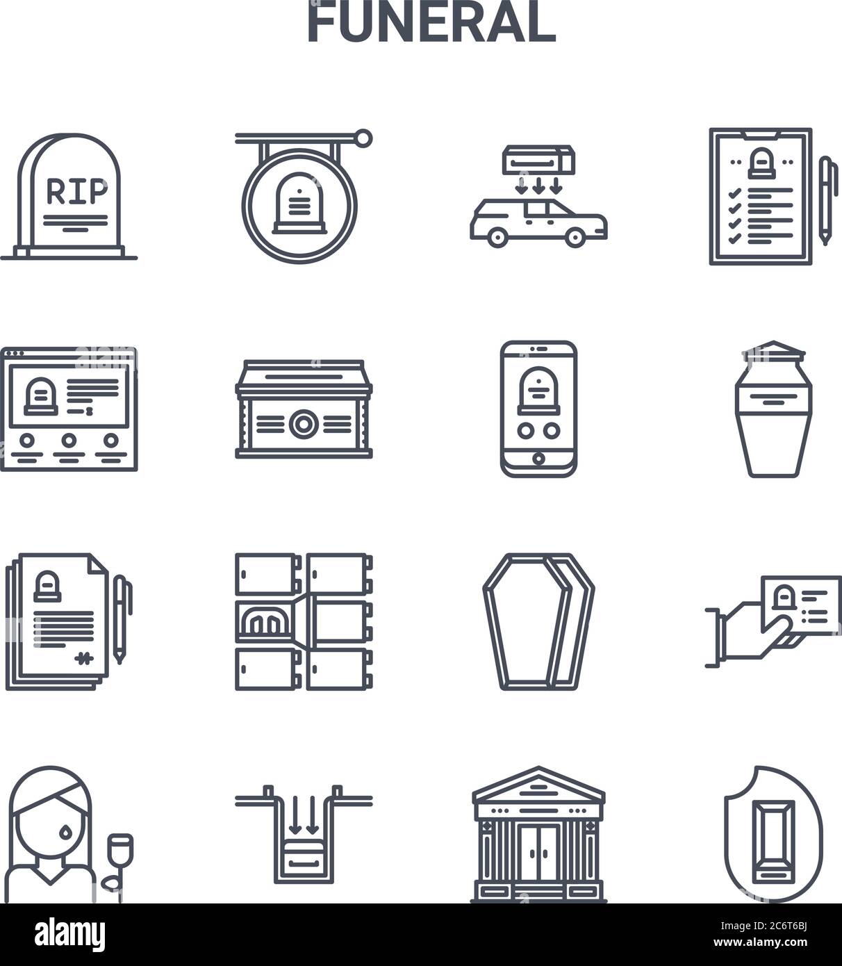 Set von 16 Bestattungskonzept Vektor-Linie Symbole. 64x64 dünne Strichikonen wie Beerdigung, Beerdigung, Asche, Sarg, Grab, Einäscherung, Mausoleum, Stock Vektor