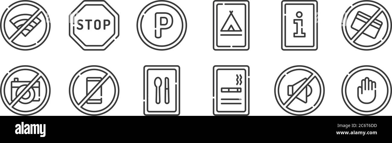 12 Satz von linearen Signalen und Verbote Symbole. Dünne Umrisse Symbole wie Stopp, Raucherbereich, kein Telefon, Informationen, Parkplatz, Stop für Web, Handy Stock Vektor