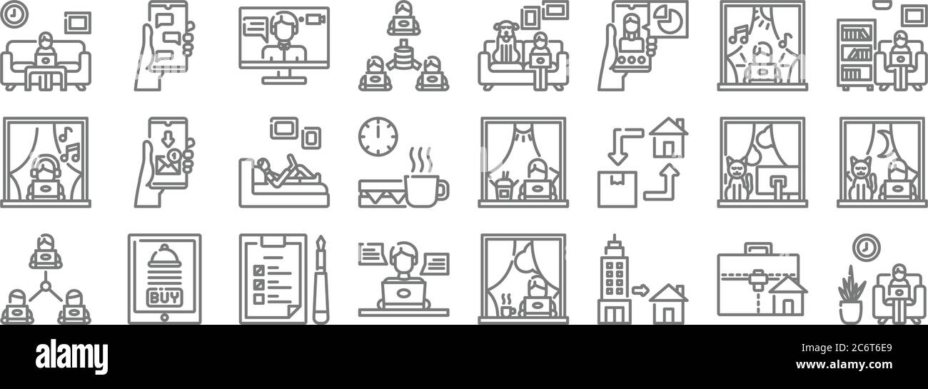 Home Icon Pack Line Icons. Lineare Set. Qualität Vektor-Linie Set wie Arbeiten, Arbeiten zu Hause, Online-Chat, Teamarbeit, Arbeitsplatz, Arbeiten, Online-ch Stock Vektor