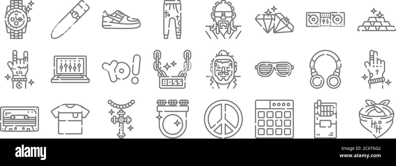 Hip Hop Linie Symbole. Lineare Satz. Qualität Vektor-Linie Satz wie Bandana, Launchpad, Ring, Kassette, Kopfhörer, Hip Hop, Gold Bars, Hip Hop, Zigarre Stock Vektor