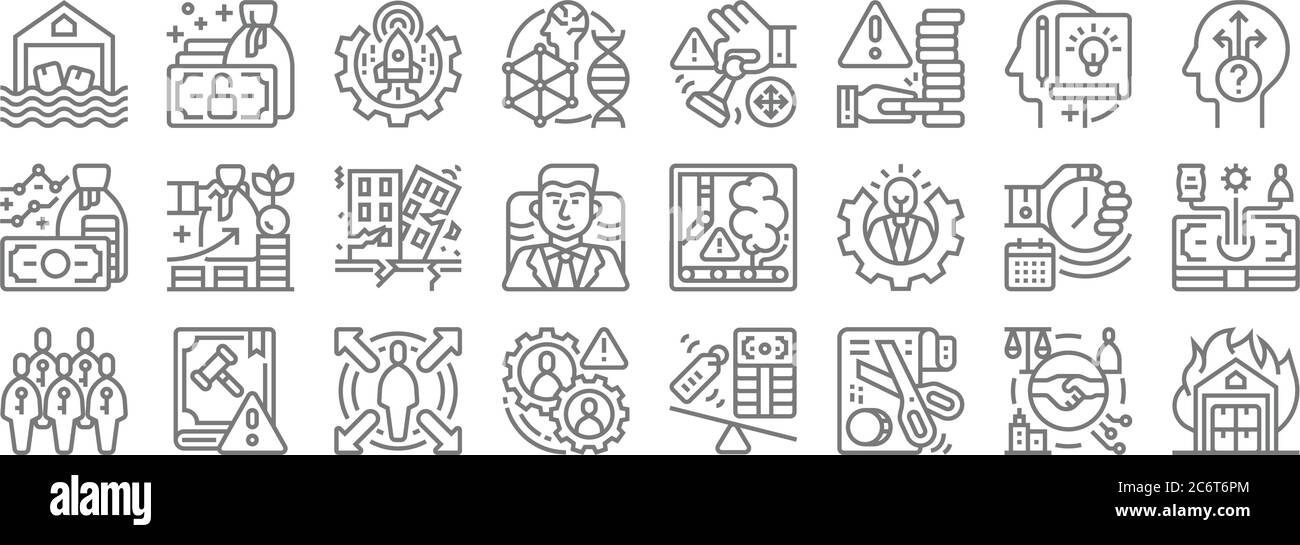 Liniensymbole für Geschäftsrisiken. Linearer Satz. Qualitätsvektorliniensatz wie Feuer, Aufwand, operatives Risiko, Mensch, Termin, Erdbeben, Unsicherheit, str Stock Vektor