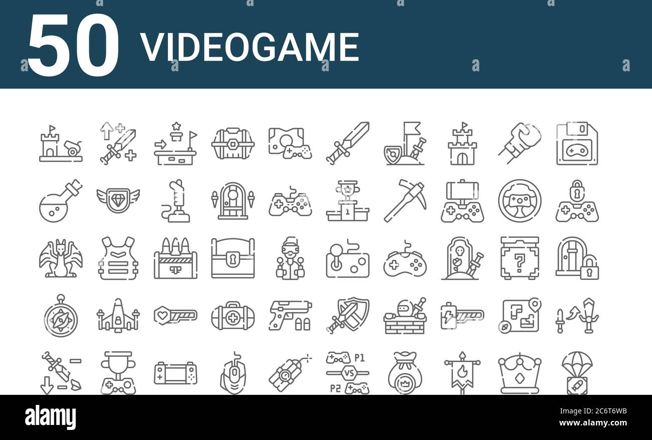 Set von 50 Videogame-Icons. Umriss dünne Linie Symbole wie Airdrop, Nerf, Kompass, Endboss, Trank, Buff, Joystick Stock Vektor