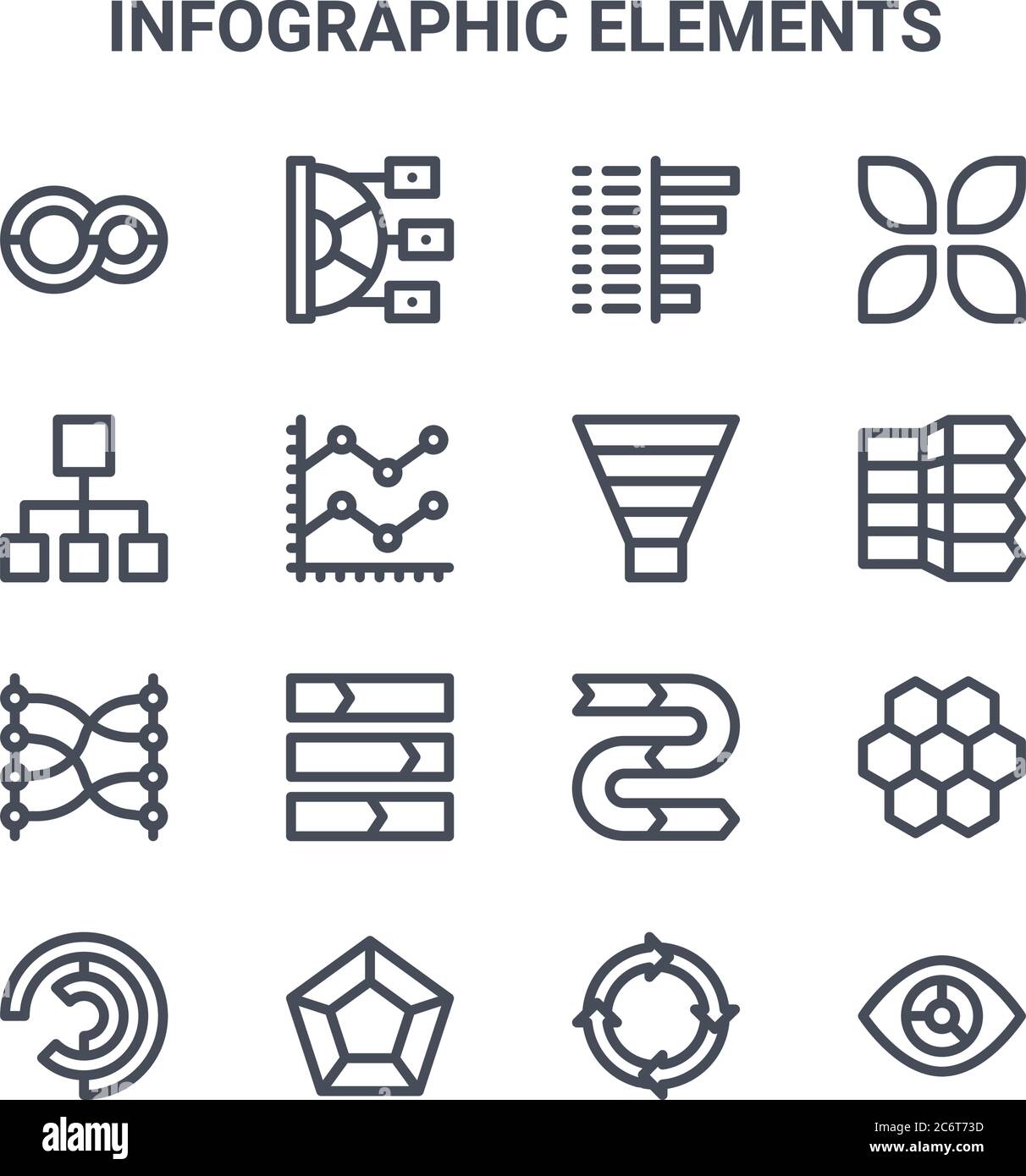 Satz von 16 Infografik Elemente Konzept Vektor-Linien-Symbole. 64x64 dünne Strichsymbole wie Kreisdiagramm, Pfeil, Sechseck, Visualisierung, Infografiken, Fu Stock Vektor