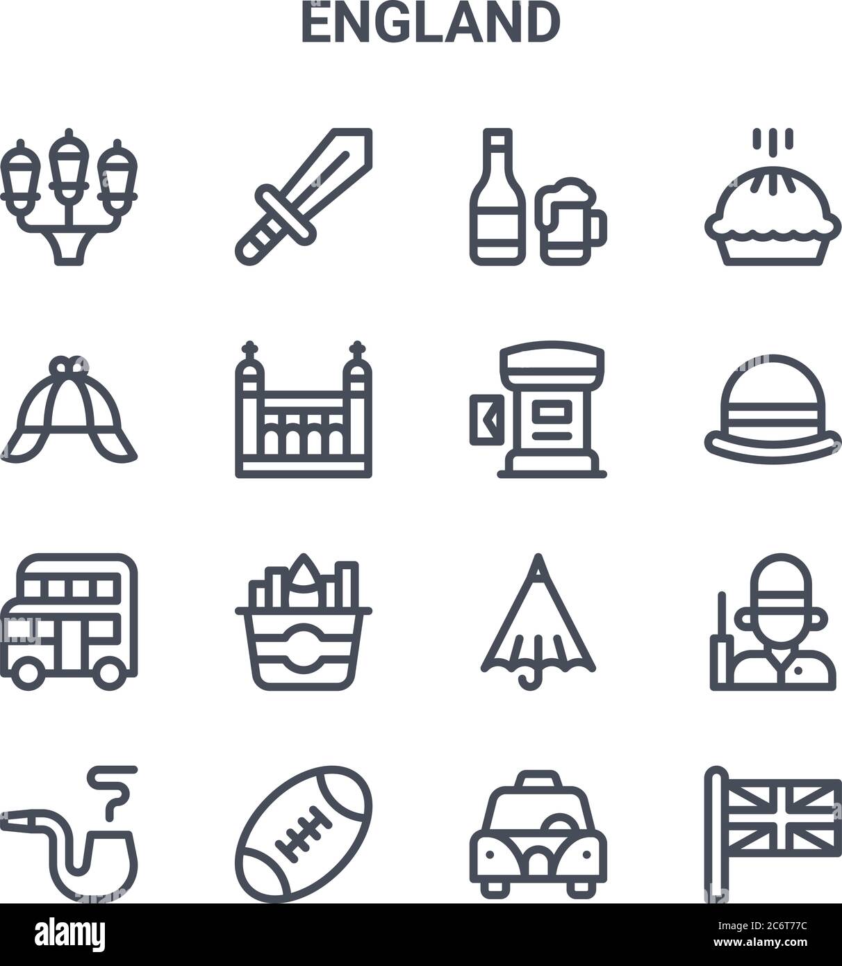 Set von 16 england Konzept Vektor-Linien-Symbole. 64x64 dünne Schlaganfall-Symbole wie Schwert, Detektivhut, Melone Hut, Regenschirm, Rugby Ball, Union Jack, Taxi, Stock Vektor