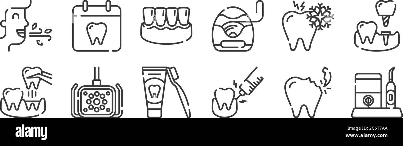 12 Satz von linearen Zahnpflege-Symbole. Dünne Umrisssymbole wie zahnärztliche Bewässerung, Anästhesie, Zahnarzt, Empfindlichkeit, Zahnfleisch, Zahnarzt für Web, mobil Stock Vektor