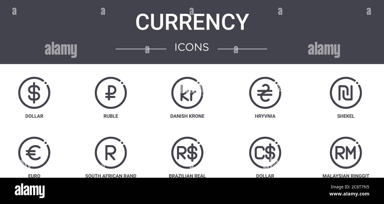 Währung Konzept Linie Symbole gesetzt. Enthält Symbole für Web, Logo, ui/ux wie Rubel, Griwna, Euro, brasilianische Real, Dollar, malaysischen Ringgit, s Stock Vektor