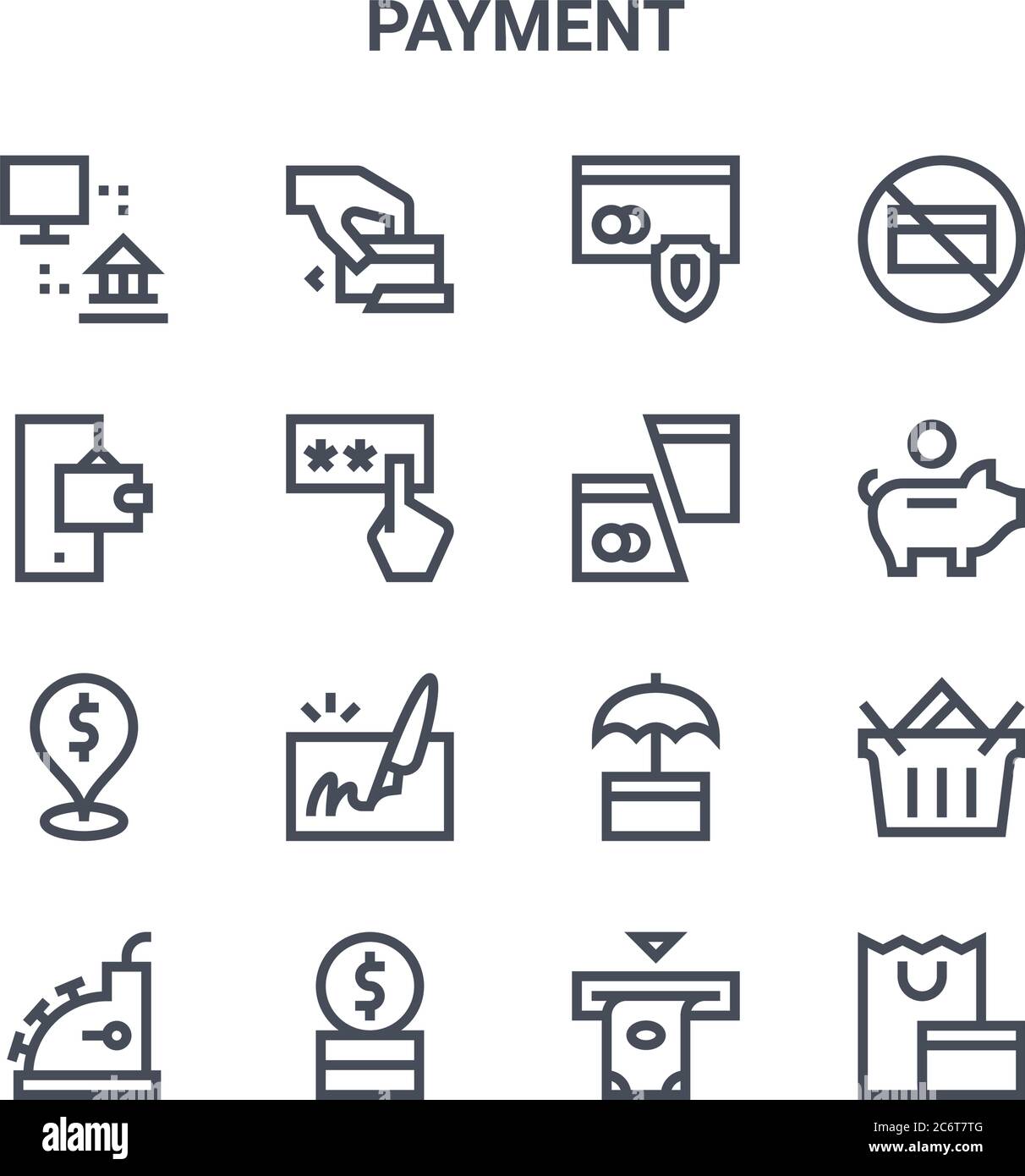 Satz von 16 Zahlungskonzept Vektor-Linien-Symbole. 64x64 dünne Striche Symbole wie Cit-Karte, Mobile Banking, Sparschwein, Schutz, Münze, Einkaufen, atm, Cu Stock Vektor