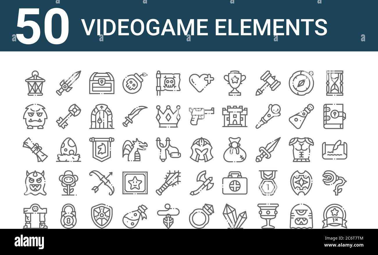 Set von 50 Videogame-Elemente-Symbole. Umriss dünne Linie Symbole wie Bonus, Tor, Feind, Scroll, Feind, Schwert, Helm Stock Vektor