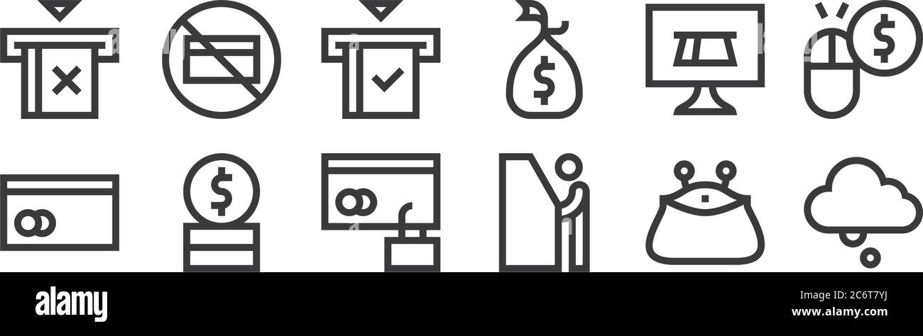 12 Satz von linearen Zahlungssymbole. Dünne Umrisssymbole wie Wolke, geldautomat, Münze, Online-Zahlung, Cit-Karte, keine Cit-Karte für Web, mobil Stock Vektor