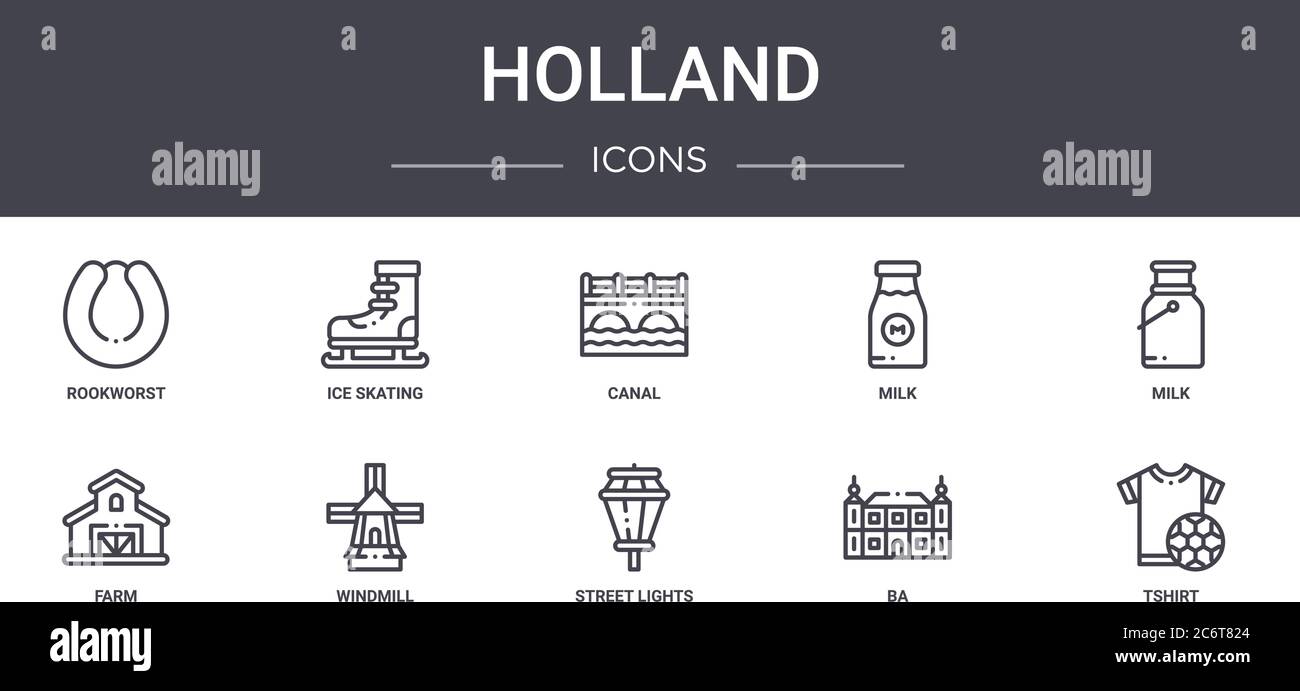 holland Concept Line Icons Set. Enthält Icons, die für Web, Logo, ui/ux wie Eislaufen, Milch, Bauernhof, Straßenlaternen, BA, Tshirt, Milch, Kanal verwendbar sind Stock Vektor