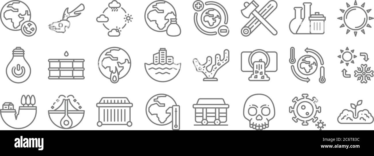 Symbole für die Linie des Klimawandels. Lineares Set. Qualitätsvektorlinien wie Pflanzenbaum, Schädel, globale Erwärmung, Erdbeben, globale Erwärmung, globale Erwärmung, Stock Vektor
