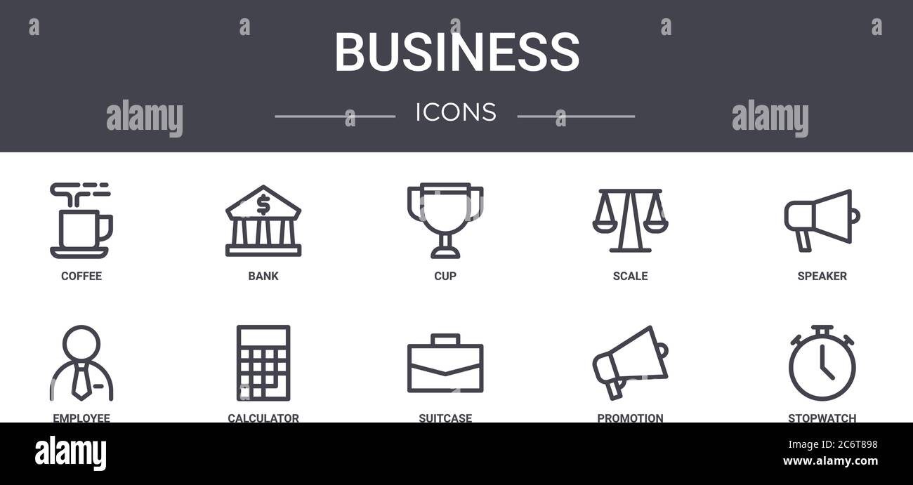 Business Concept Line Icons Set. Enthält Symbole für Web, Logo, ui/ux wie Bank, Waage, Mitarbeiter, Koffer, Promotion, Stoppuhr, Lautsprecher, Cu Stock Vektor