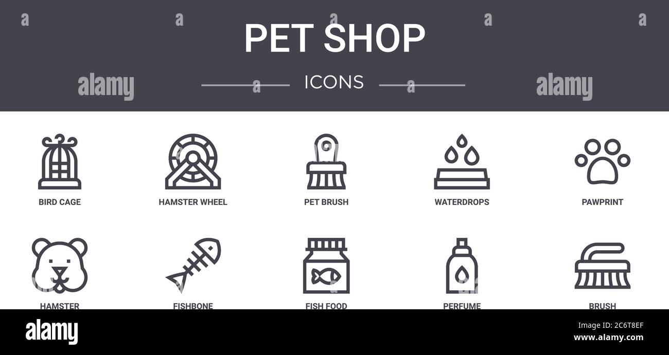 PET Shop Concept Line Icons Set. Enthält Symbole für Web, Logo, ui/ux wie Hamsterrad, Wassertropfen, Hamster, Fischfutter, Parfüm, Pinsel, Pfote Stock Vektor