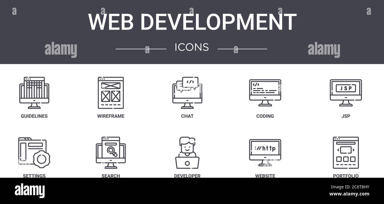 Web-Entwicklung Konzept Linie Symbole gesetzt. Enthält Symbole für Web, Logo, ui/ux wie Wireframe, Codierung, Einstellungen, Entwickler, Website, Portfolio, Stock Vektor