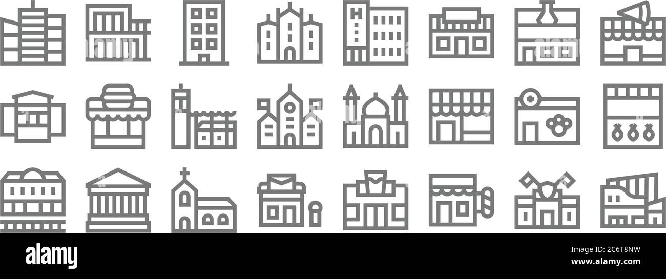 Städtische Gebäude Linie Symbole. Lineare Satz. Qualität Vektor-Linie Satz wie Mall, Friseur, Post, Bahnhof, Veterinär, Prision, Pizzeria, h Stock Vektor Städtische Gebäude Linie Symbole. Lineare Satz. Qualität Vektor-Linie Satz wie Mall, Friseur, Post, Bahnhof, Veterinär, Prision, Pizzeria, h Stock Vektor