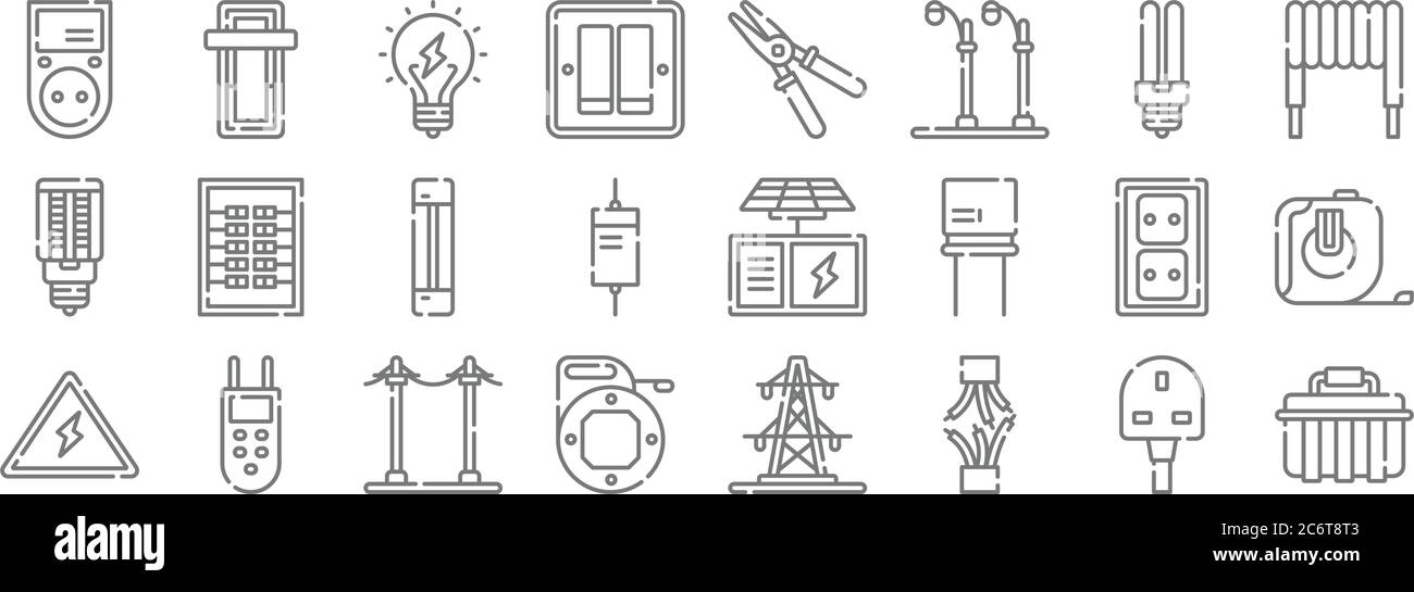 Elektriker Werkzeuge und Linien-Symbole. Lineare Set. Qualität Vektor-Linie Set wie Werkzeugkasten, gerissen, Fisch, Strom, Steckdose, Sicherung, Induktor, Zange, p Stock Vektor