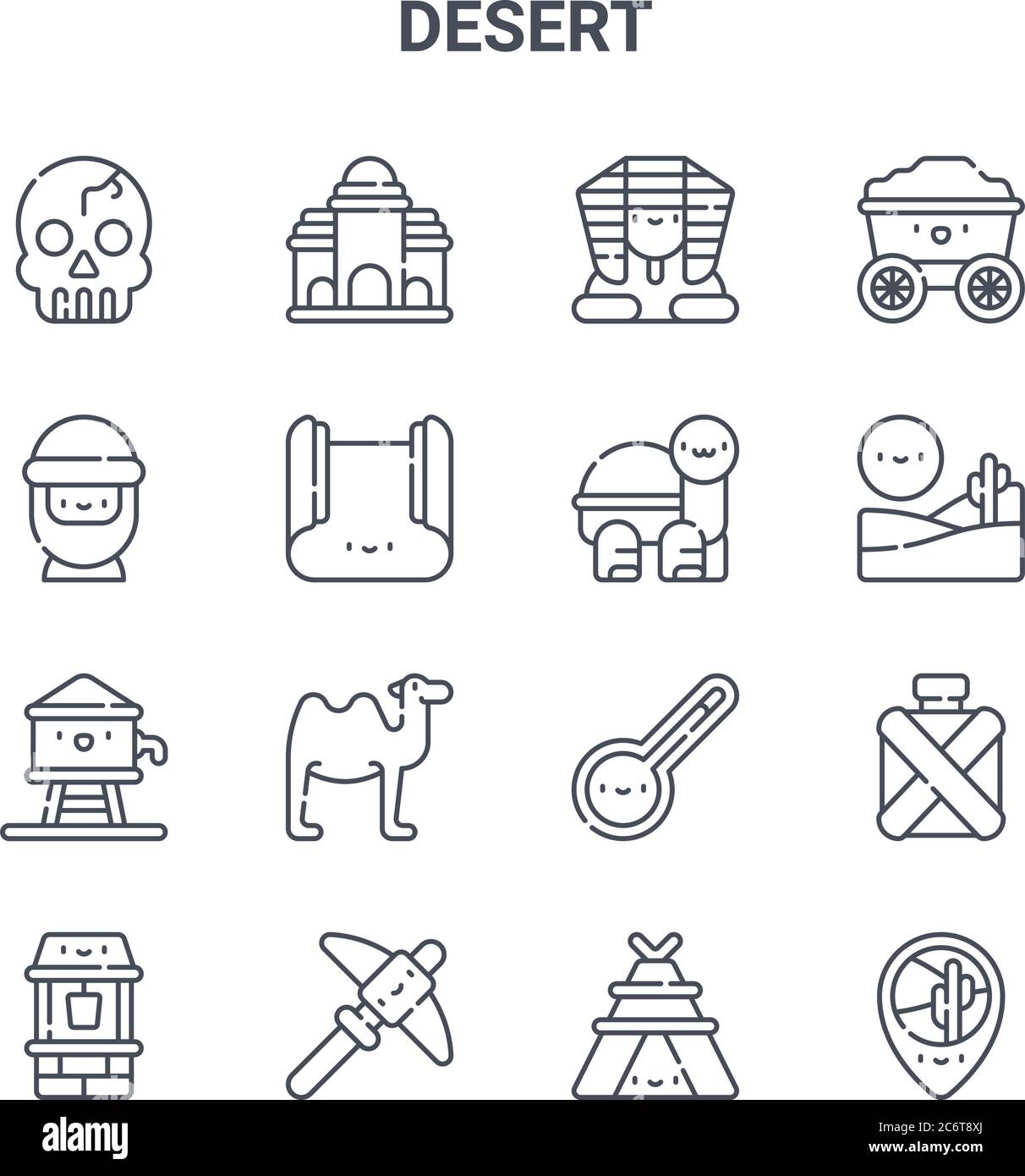 Set von 16 Wüste Konzept Vektor-Linie Symbole. 64x64 dünne Strichikonen wie Gebäude, beduinen, Oase, Thermometer, Pick, Position, Zelt, Schildkröte, Wagen Stock Vektor