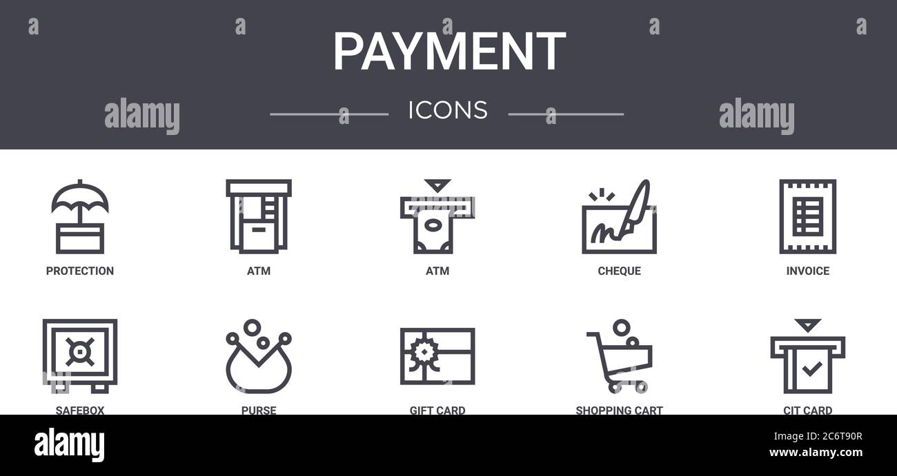 Zahlungskonzept Zeile Symbole gesetzt. Enthält Symbole für Web, Logo, ui/ux wie atm, Scheck, Safe, Geschenkkarte, Warenkorb, Cit-Karte, Rechnung, Stock Vektor