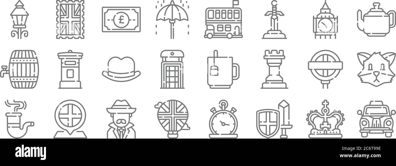 england Linie Symbole. Lineare Satz. Qualität Vektor-Linie Satz wie Taxi, Krieger, Heißluftballon, Rohr, U-Bahn, Fedora Hut, Teekanne, Doppeldecker b Stock Vektor