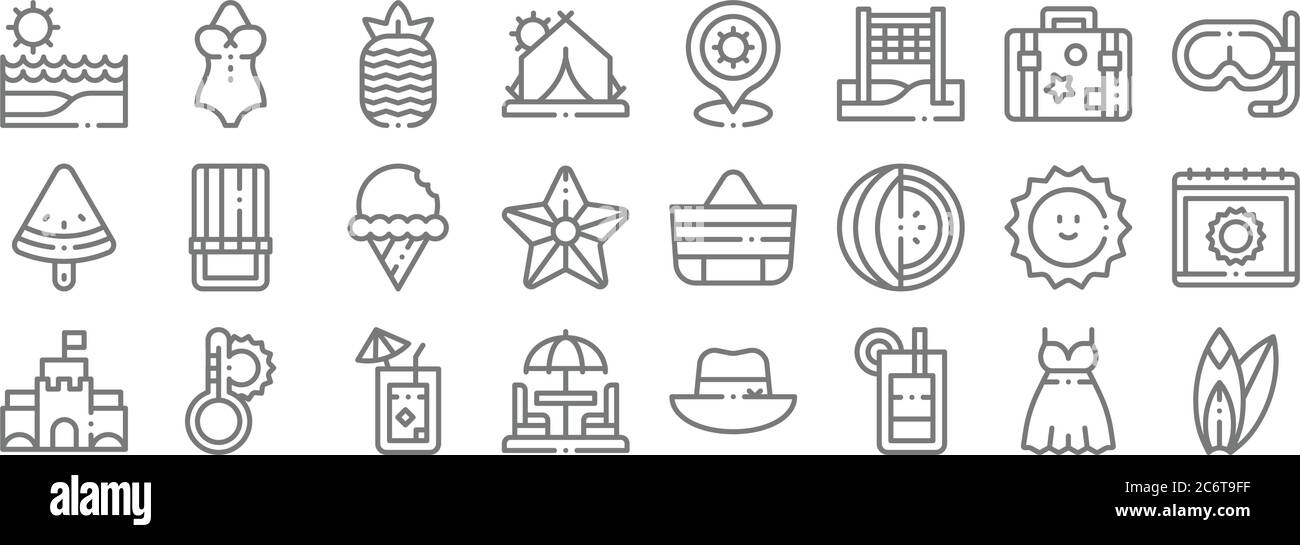 Sommer Linie Symbole. Lineare Set. Qualität Vektor-Linie Set wie Surfbrett, Cocktail, Sonnenschirm, Sandburg, Sonne, Eis, Schnorcheln, Strand, Badeanzug Stock Vektor