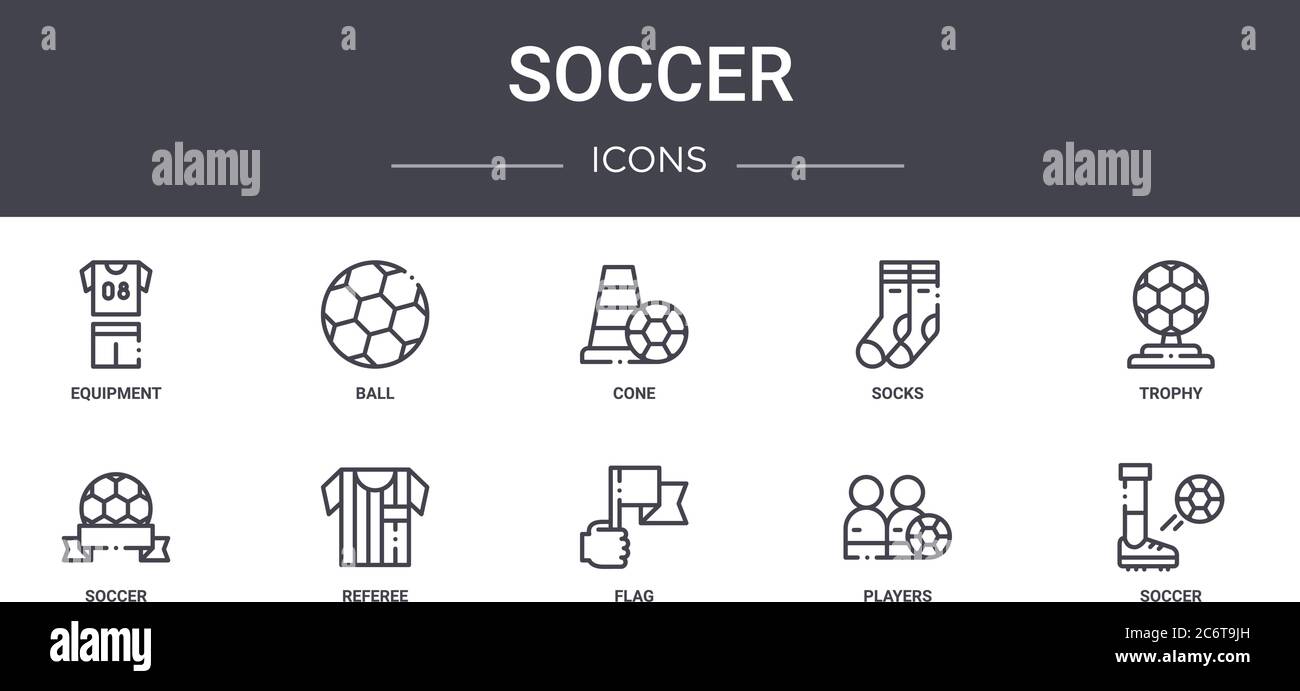 Fußball Konzept Linie Symbole Set. Enthält Symbole für Web, Logo, ui/ux wie Ball, Socken, Fußball, Flagge, Spieler, Fußball, Trophäe, Kegel Stock Vektor