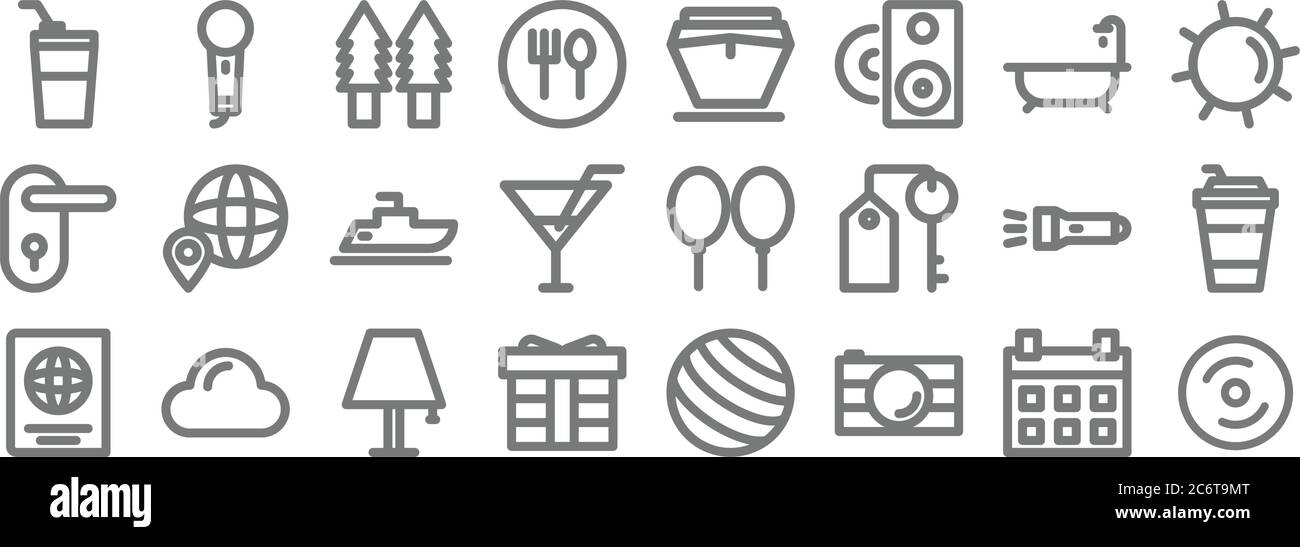 Holiday Line Icons. Lineare Set. Qualität Vektor-Linie Set wie cd-Brennen, Kamera, Geschenk, Pass, Taschenlampe, Schiff, Sonne, Schiff, Mikrofon Stock Vektor