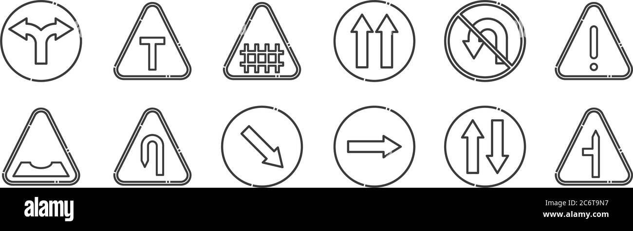 12 Satz von linearen Signalisierung Symbole. Dünne Umrisssymbole wie t Kreuzung, rechts abbiegen, linke Haarnadel, keine Kurve, Zaun, t Kreuzung für Web, mobil Stock Vektor