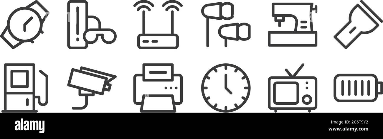 12 Satz von linearen Elektronik-Icons. Dünne Umrisssymbole wie Batterie, Uhr, cctv, Nähmaschine, Wireless-Router, Game-Controller für Web, mobile Stock Vektor