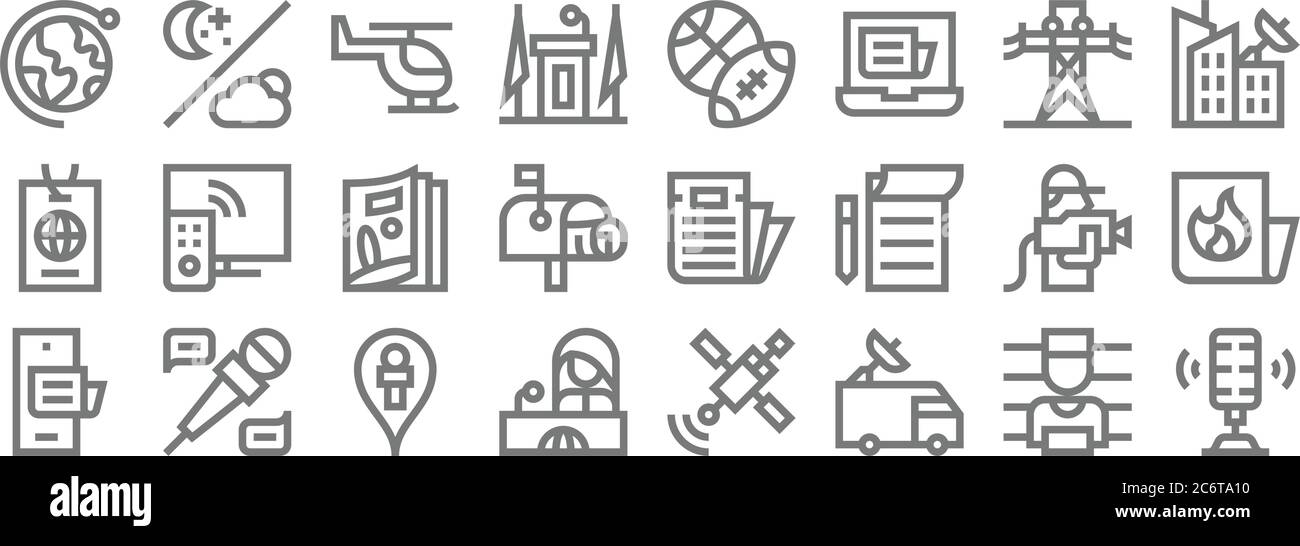 news Line Icons. Lineare Set. Qualität Vektor-Linie Set wie Mikrofon, Auto, News Reporter, Telefon, Kameramann, Magazin, Rundfunk, Nachrichten, Wetter Stock Vektor